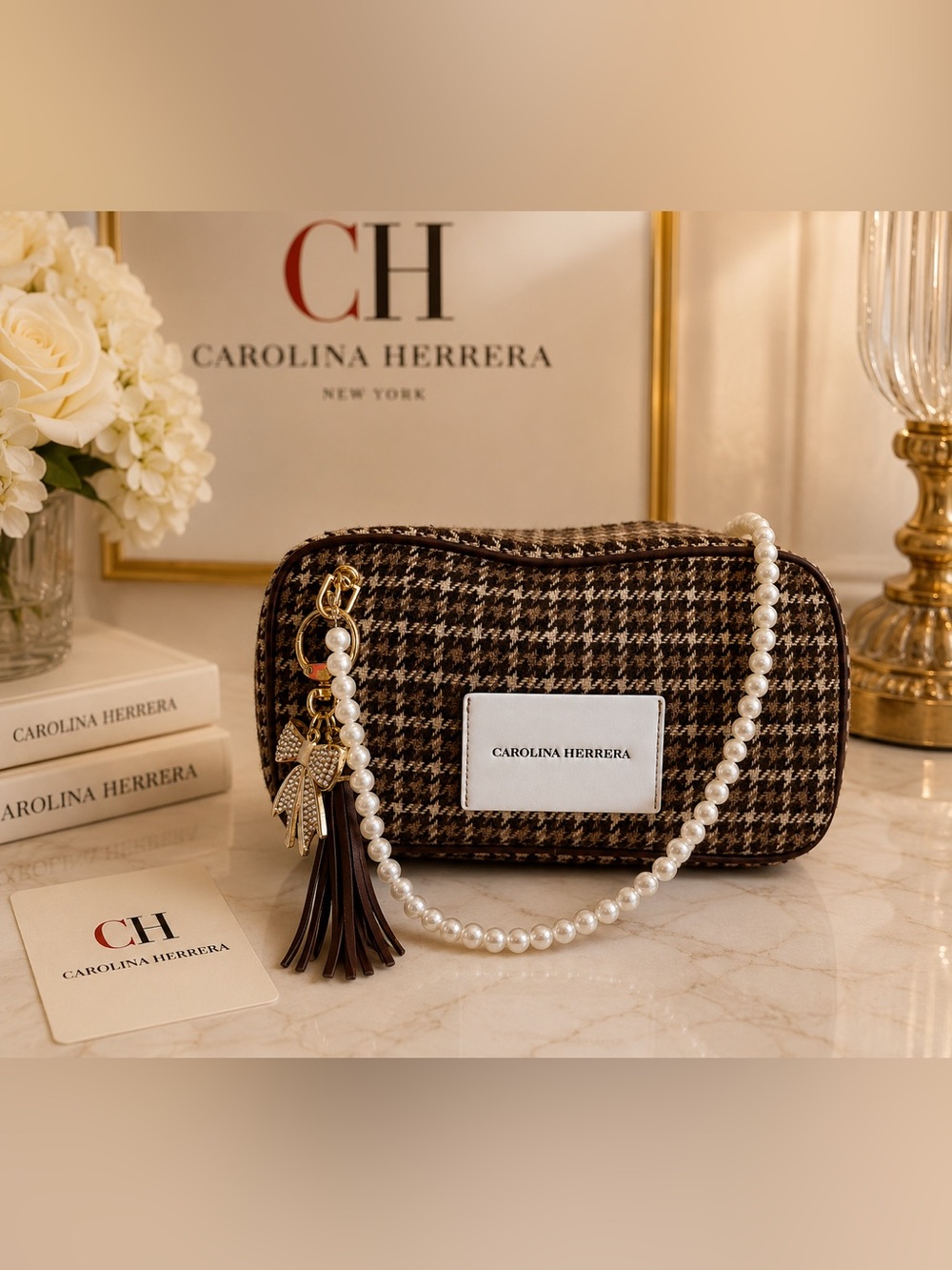 Carolina Herrera Brown Houndstooth Pearl-Handle Shoulder Bag